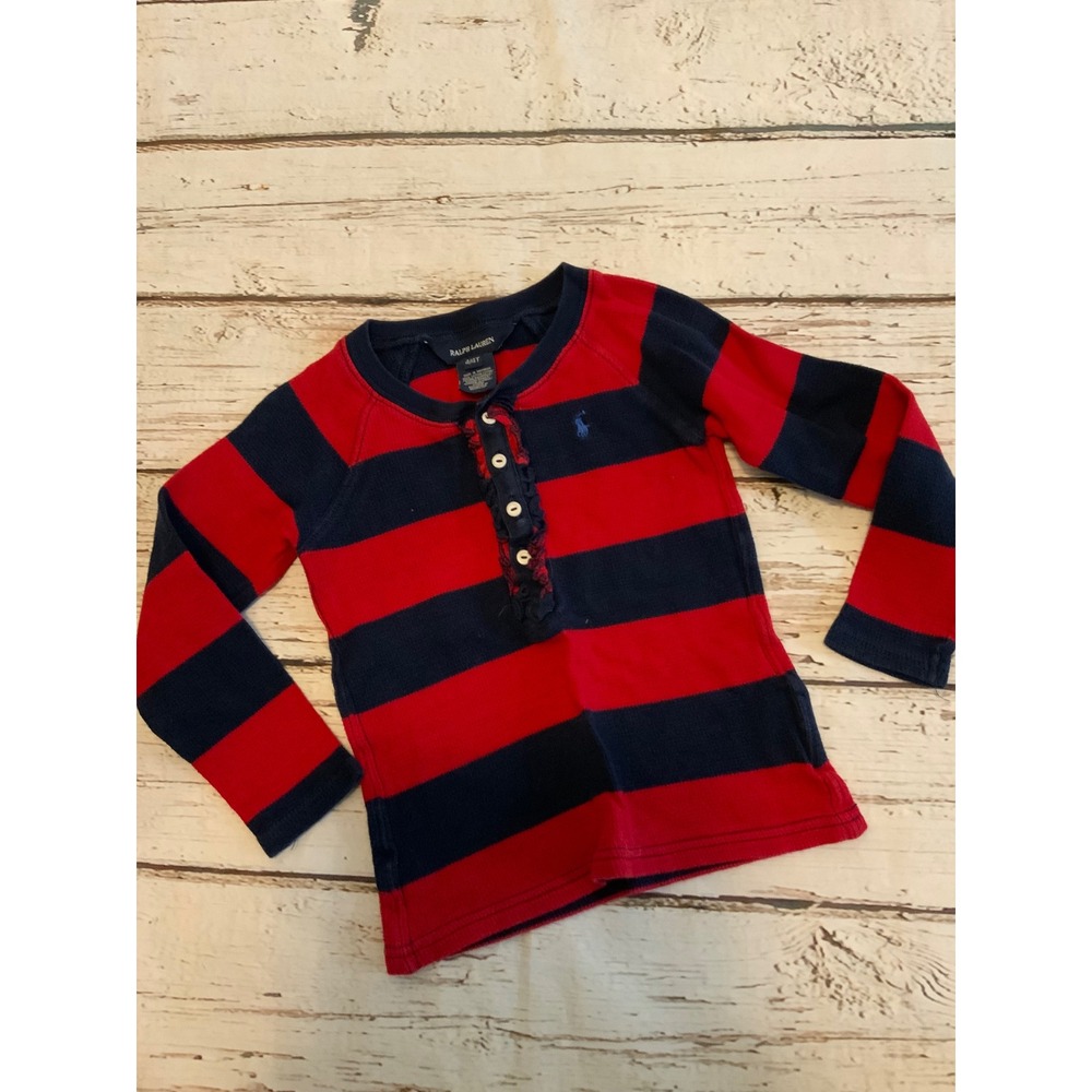 Ralph Lauren Girls 4T Red Navy Blue Striped Ruffle Henley Waffle Knit‎  Long Slv